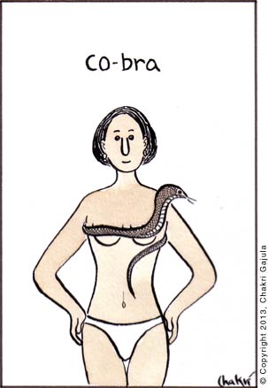 A lady in bikini wearing cobra snake as a bra, with a caption 'Co-bra'