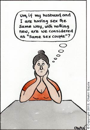 A lady thinking 'If my husband and I are having sex the same way, with nothing new, are we considered Same Sex Couple?'