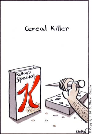 Someone with a pick/knife going at a Kellog's cereal box, with a caption 'Cereal Killer'