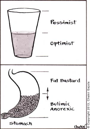 A similar logic of half-full or half-empty glass relates to an optimist or pessimist is used for moving the half-way point of half-full stomach - moving it up makes fat people, while moving it down makes them bulimic or anorexic
