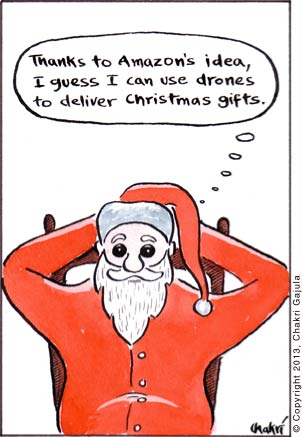 Santa Claus thinking 'Thanks to Amazon's idea, I guess I can use drones to deliver Christmas gifts.'