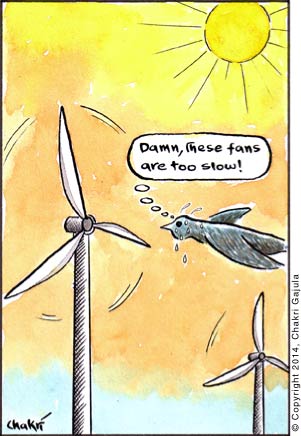 A bird, in front of a wind turbine on a very hot day, thinking 'Damn, these fans are too slow!'