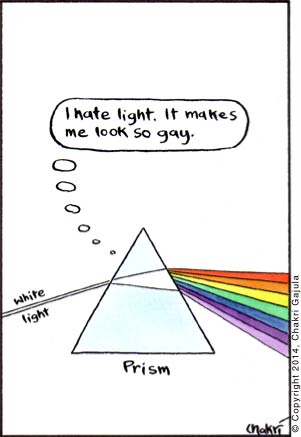 A prism, with while light hitting it on left and showing a rainbow on the right, thinking 'I hate light. It makes me look so gay'