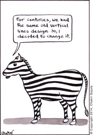 Zebra with a new horizontal stripes design saying 'For centuries, we had the same old vertical lines design.  So, I decided to change it.'