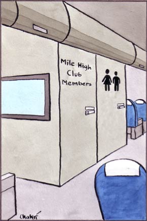Interior view of a plane with two washrooms/restrooms next to each other: one for men/women and the other for 'Mile High Club Members'