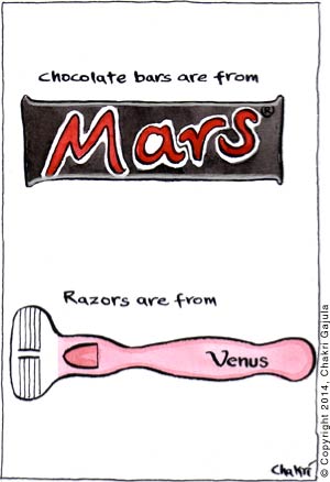 Mars chocolate bar is shown with caption 'Chocolate bars are from Mars' and a Venus shaving razor is shown with a caption 'Razors are from Venus'
