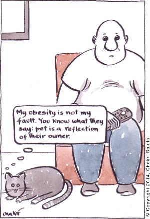 A fat cat, next to the fat owner, thinking 'My obesity is not my fault.  You know what they say: pets are a reflection of their owners'