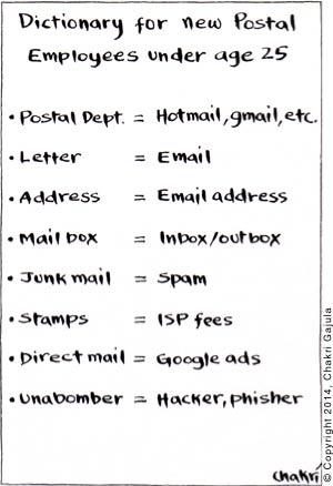 Postal Department's dictionary for new employees under the age of 25, explaining postal jargon in internet/email terms