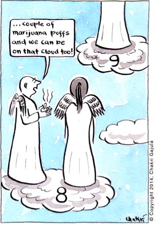 two angels on a cloud numbered 8, looking at a cloud numbered 9, and one angel to another '... couple of marijuana puffs and we can be on that cloud too!