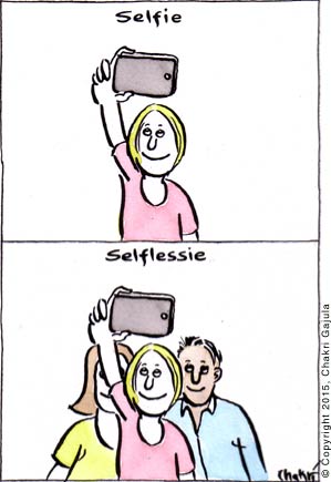 Selfie: A lady taking her own picture.  Selflessie: A lady taking a selfie of her and her friends.