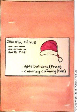 Business card of Santa Claus: Gifts Delivery (Free), Chimney Cleaning (Fee)