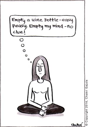 A lady meditating and thinking 'Empty a wine bottle - easy peasy.  Empty my mind - no clue!